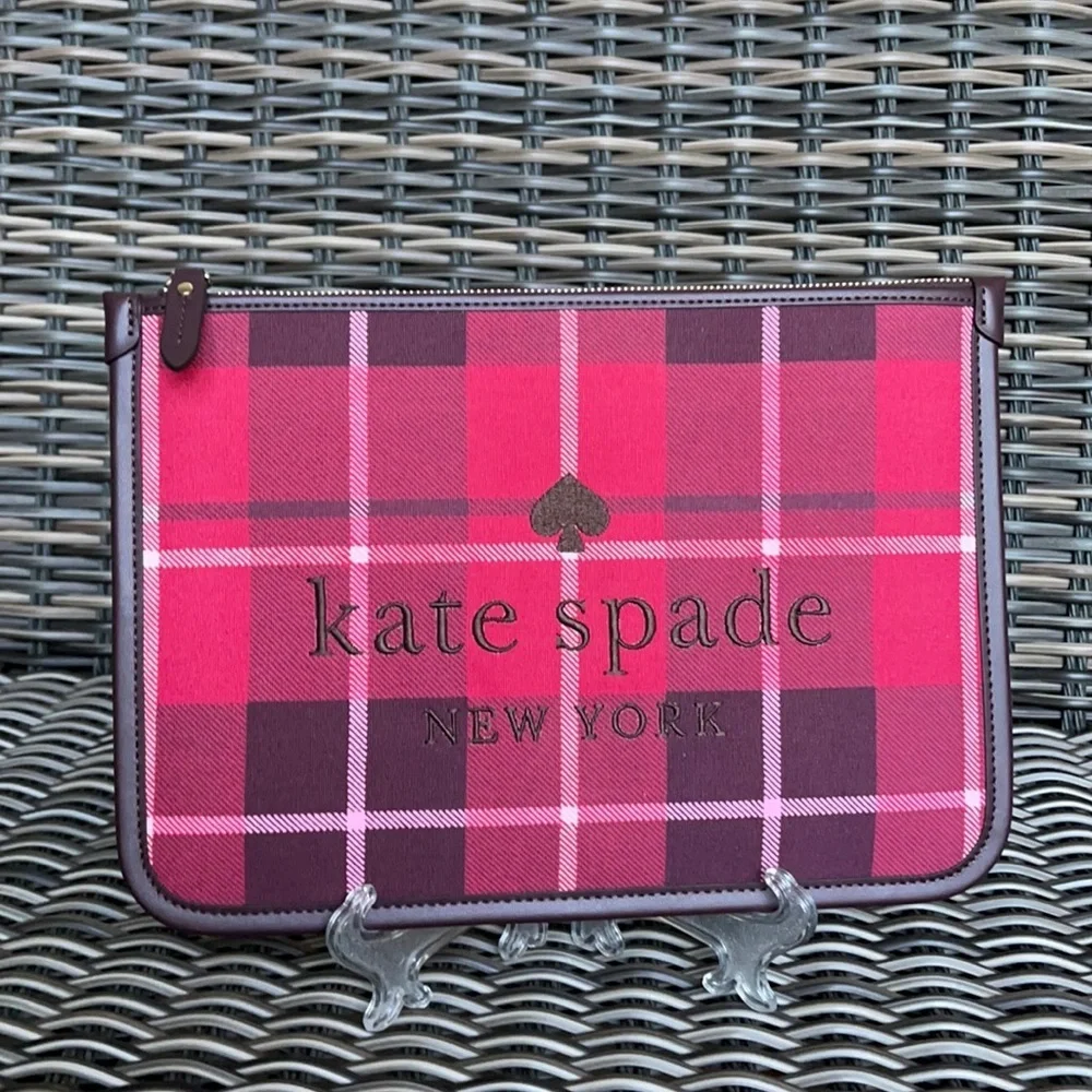 Kate Spade Ella Plaid Bright Rose Large Zip Pouch Clutch